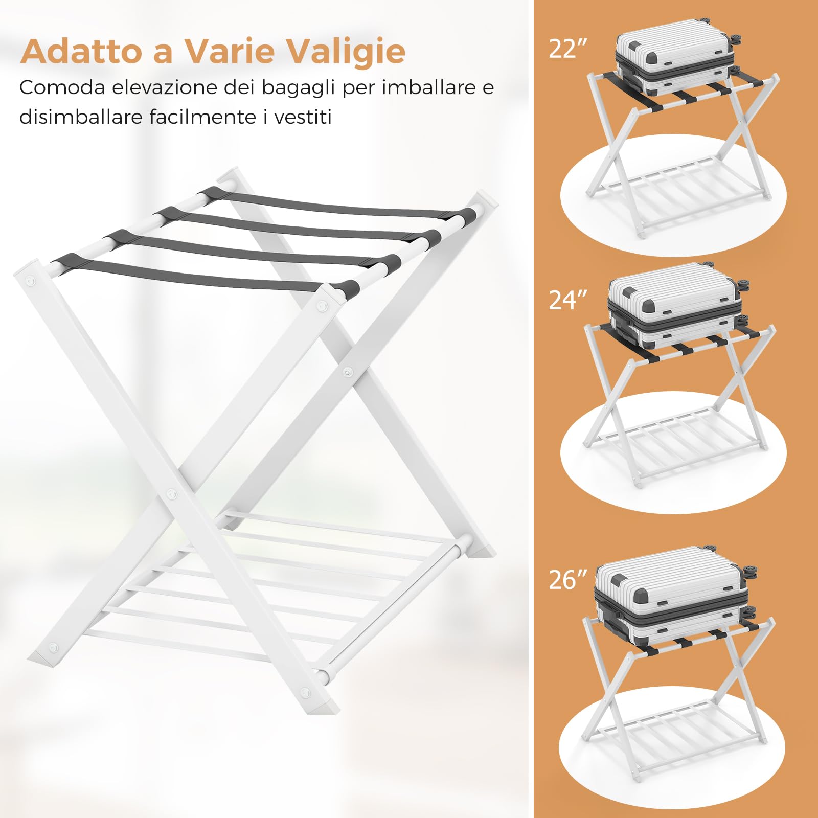 GYMAX Portavaligia da Hotel in Ferro 50 kg Pieghevole a 2 Ripiani 68x45x57 cm 2 Pezzi Bianco