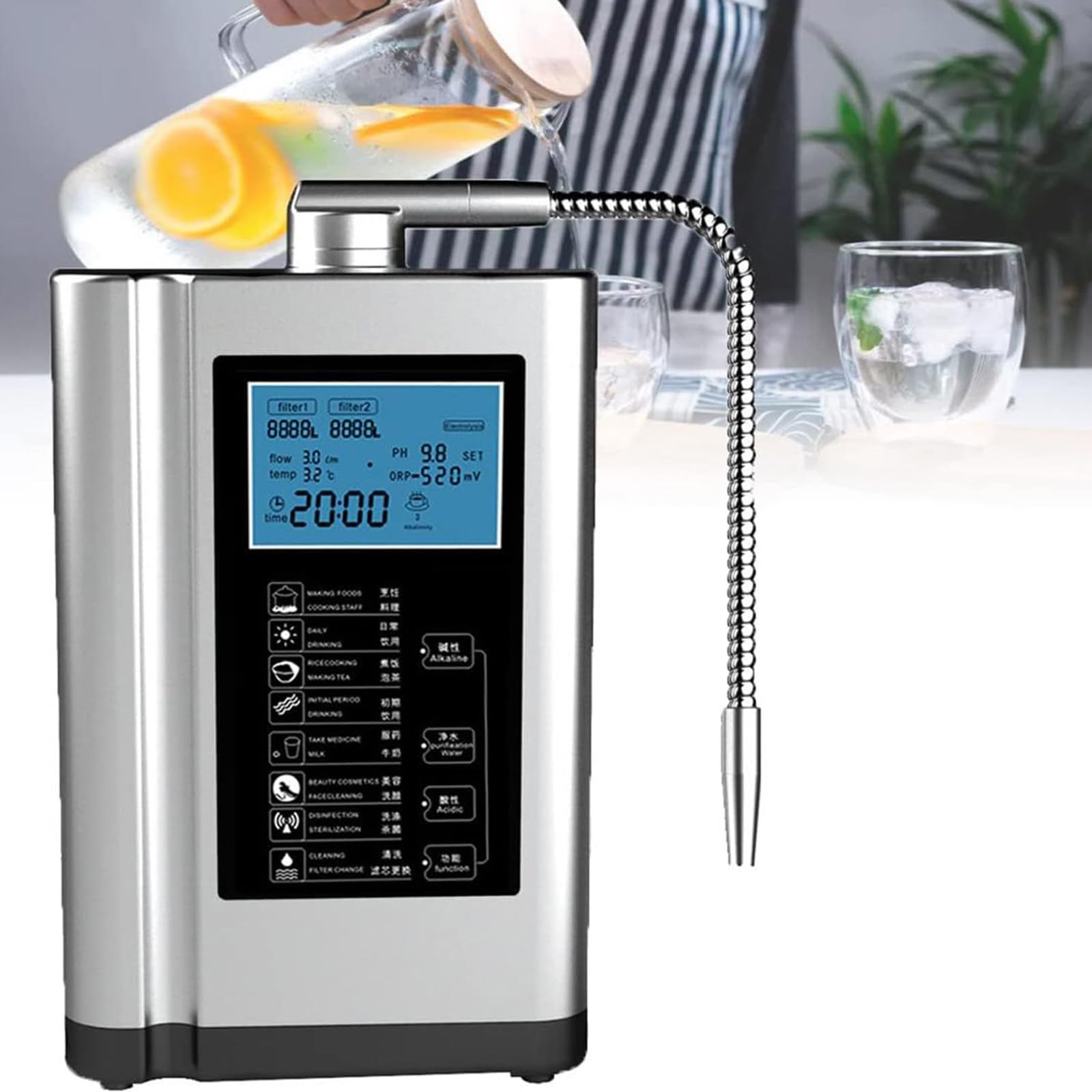 Jonizator wody alkalicznej z 3,8-calowym wyświetlaczem LCD, generatorem wodoru, filtrem 8000 l, inteligentnym głosem, niebieski