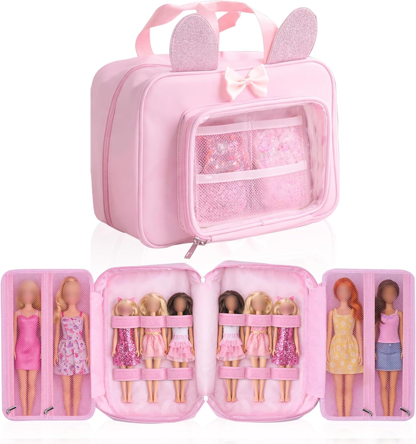 Carrying Case Compatible with Barbie 12-Inch Dolls, Clothes & Accessories, Doll Organizer Bag with 2 Front Transparent Windows, 2 Binders with Multiple Storage Pockets, Extra Doll Stuff Pockets