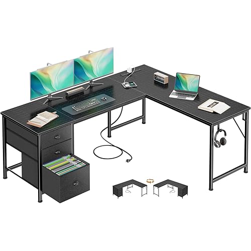 Furologee 63" L Shaped Computer Desk with Power Outlet & USB-C Port, Reversible Home Office Desk with 2 Fabric Drawers, File Cabinet, Hooks, Large Corner Table for Gaming, Writing, Work, Black