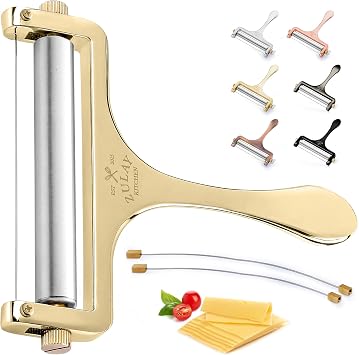 Zulay Kitchen Cheese Slicer With Adjustable Thickness Heavy Duty Block Slicer with 2 Extra Wires Ideal for Mozzarella, Cheddar, Gouda - Gold