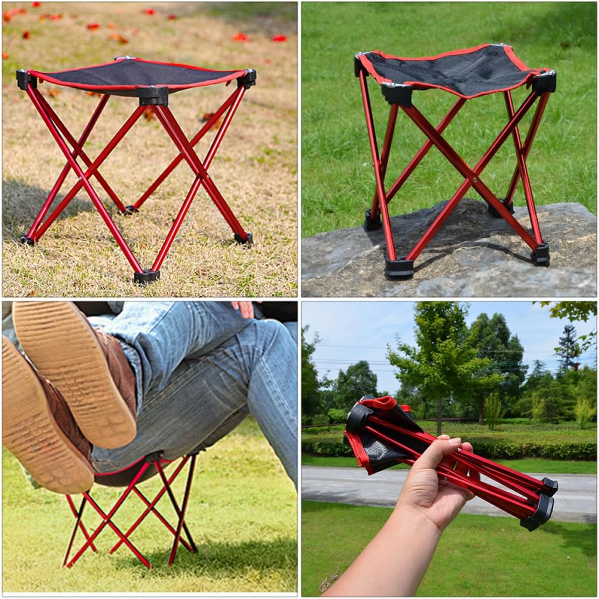 Portable Foldable Outdoor Stool Large Size, Multipurpose Mini Camping Stool with Red Frame, Lightweight Fishing Chair for Picnic, Beach, Hiking, and Travel