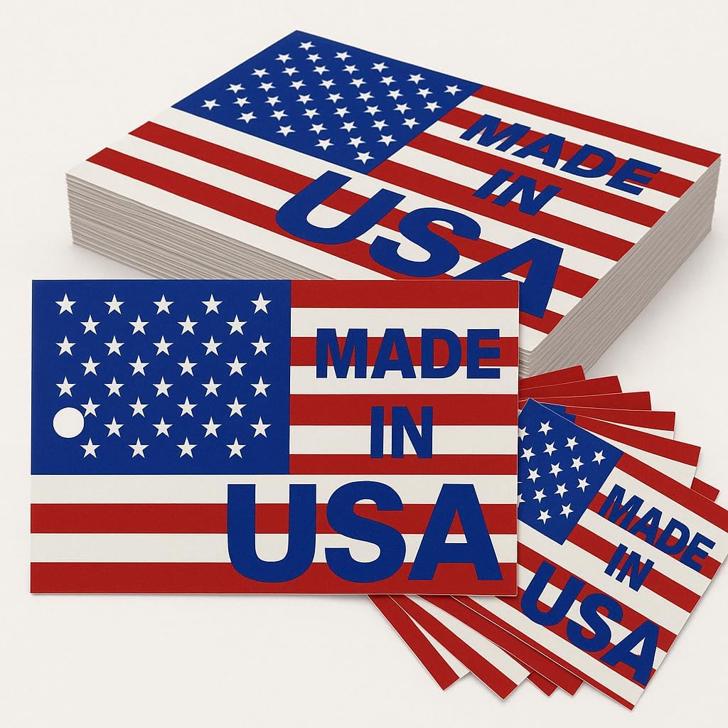 Made in USA Hang Tags – 2.5 x 1-5/8 Inch, Coated 10pt Cardstock, 1/8” Hole for Stringing – Printed Both Sides – Tag for Handmade, Apparel, Crafts – Pack of 100 – Made in America