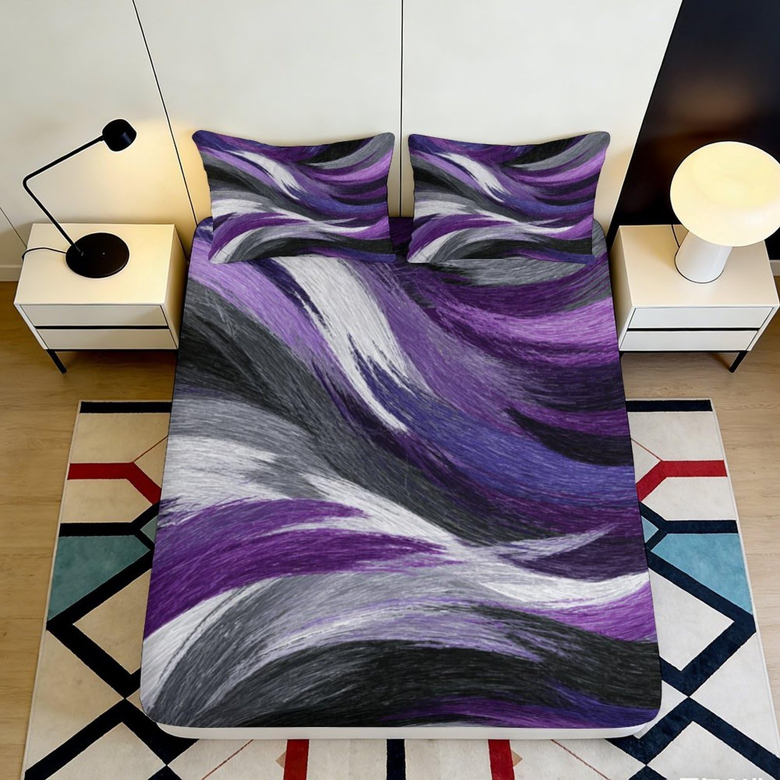 3D Printed Purple Gray Wave Fitted Sheet Microfiber Soft Breathable Abstract Swirl Bed Cover for Bedroom Dormitory Guest Room Mattress Protection 140x200x25cm
