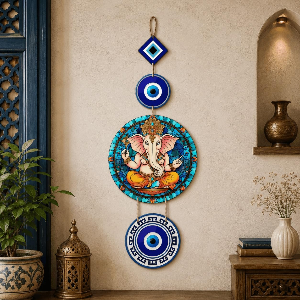 Artvibes Shri Ganesha with Evil Eye Wooden Wall Hanging For Luck Properity For Home Decoration | Livingroom | Spiritual Decor Items | Wall Illustrations | Ethnic Wall Decor | Wall Art Print (WH_8510N)