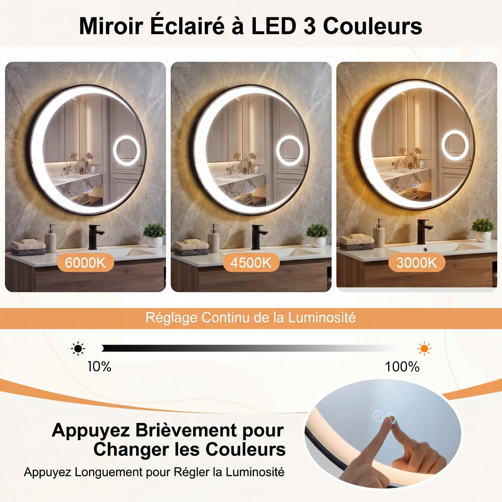 COSTWAY Miroir Salle de Bain avec Eclairage Ø61 cm, Miroir Mural Rond Antibuée, 3 Couleurs de Lumière, Luminosité Réglables, Loupe à Triple Grossissement, Cadre en Aluminium, pour Salle de Bain Hôtel