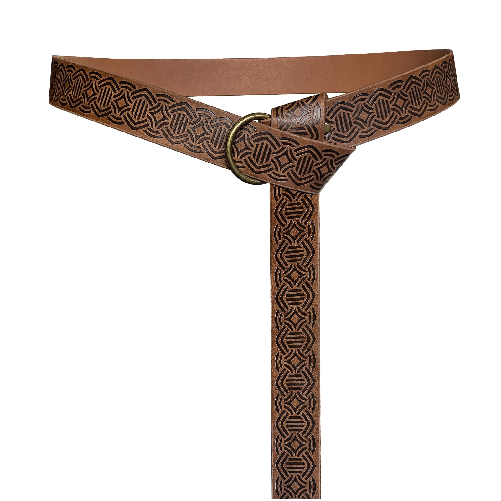 HiiFeuer Medieval Embossed PU Leather O Ring Belt, Retro Renaissance Knight Belt (Brown E)