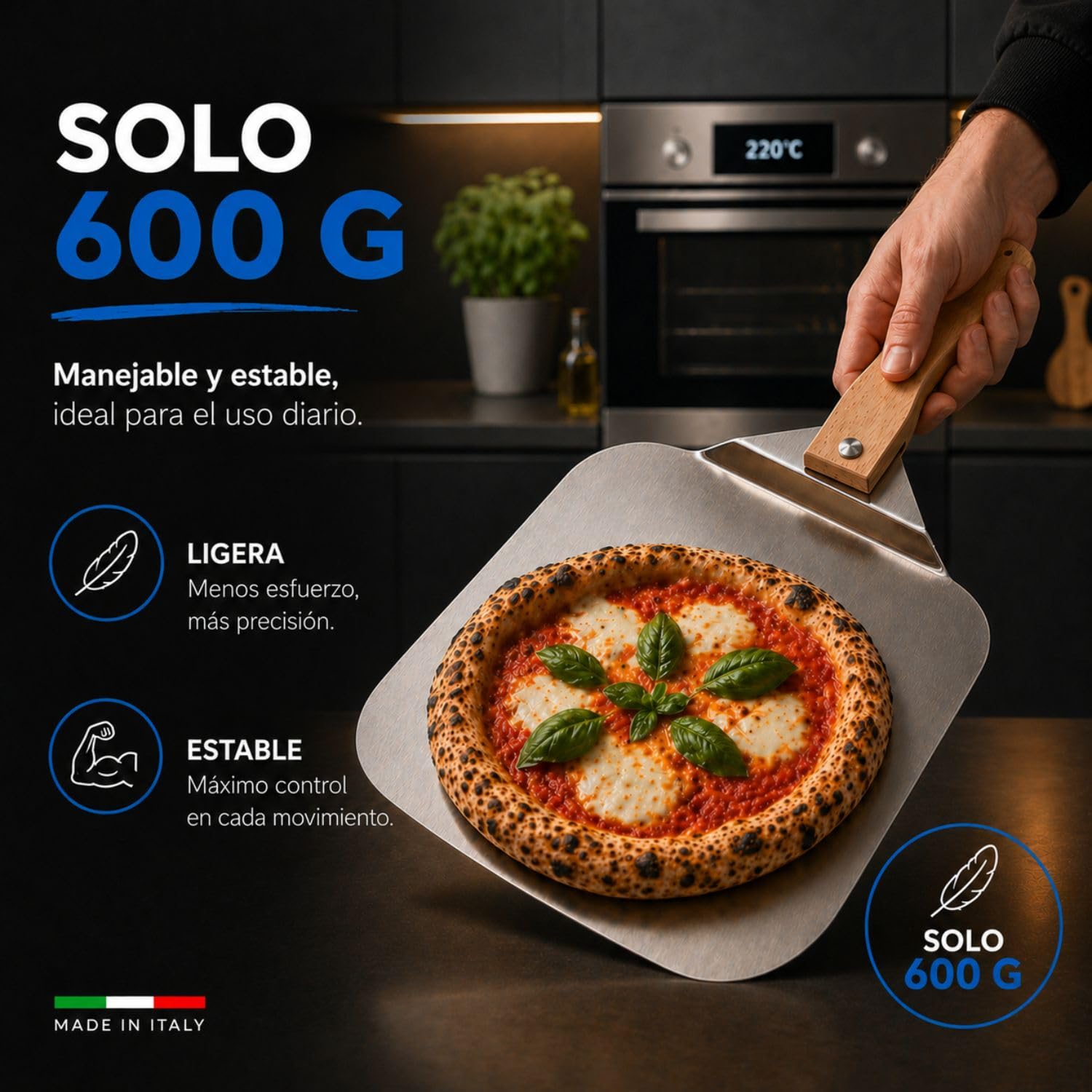 INOXLM Pala para pizza corta de acero inoxidable mango plegable de haya 33,5 x 30,5 cm, pala para pizza ligera y ahorra espacio, ideal para horno doméstico – Fabricado en Italia