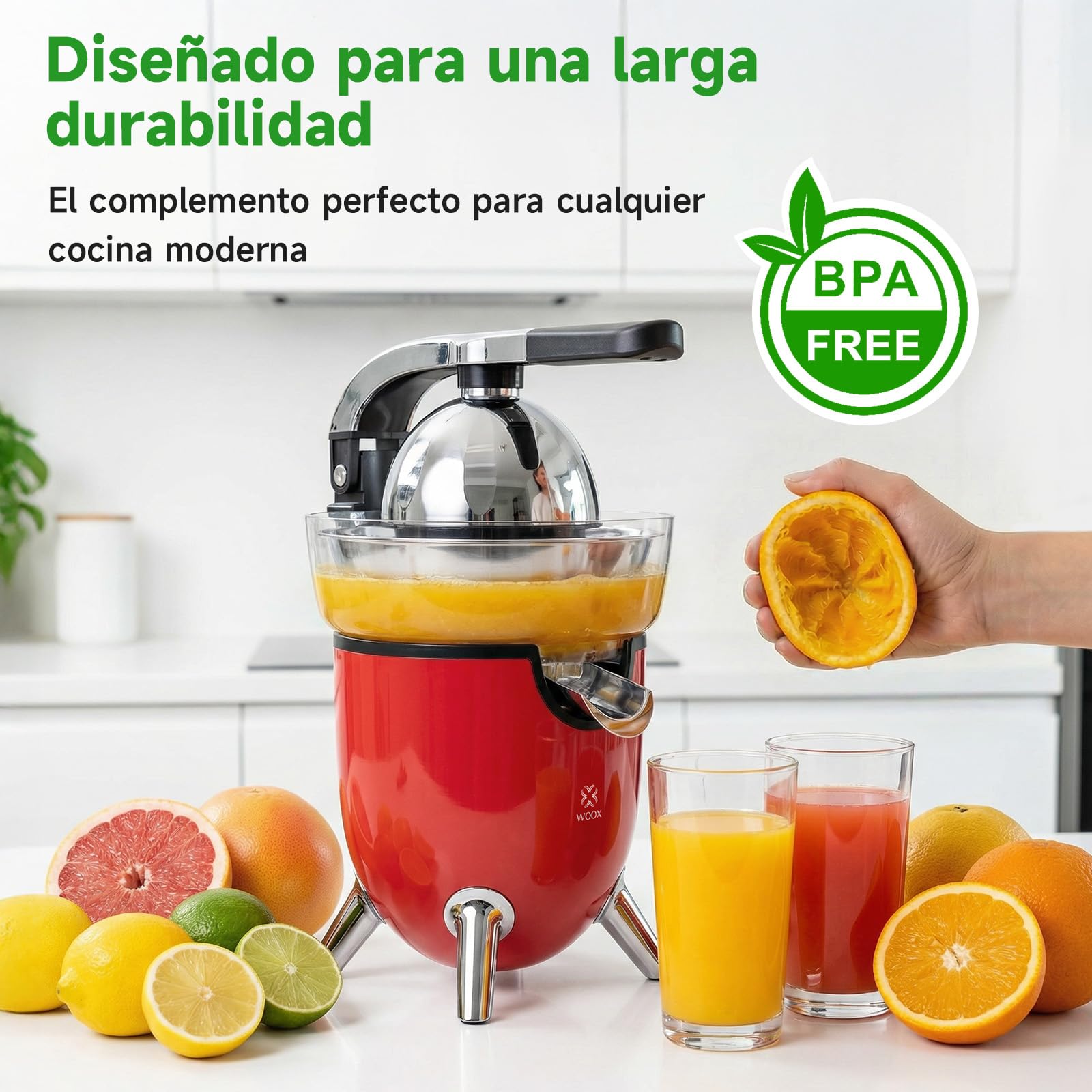 Woox Exprimidor de Naranjas Electrico, con Brazo de Palanca, 100W, Exprimidor Electrico Silencioso con 2 Conos para Limones y Pomelos, Boquilla Antigoteo, Sin BPA, Desmontable y Fácil de Limpiar