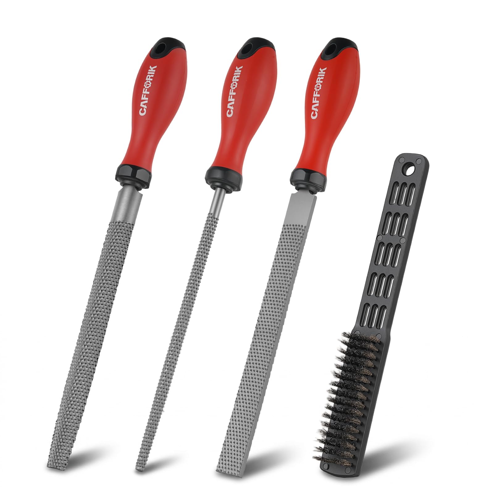 CAFFORIK 4PCS Wood Rasp File Set, 8-Inch, High-Strength Carbon Steel, Flat/Half-Round/Round Wood File with Handle, Wire Brush, for Woodworking