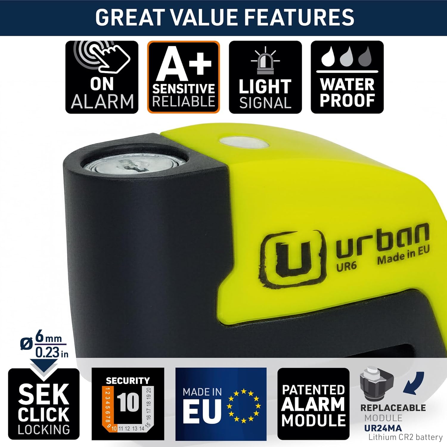 URBAN UR6 Hi-Tech Motorcycle Disc Lock with Smart Alarm | Best Value | 120dB, LED, Warning, A+ Sensitivity, Truly Waterproof, Long-Life CR2 Battery, Carried Locked, Bike Anti Theft Wheel Brake Locks