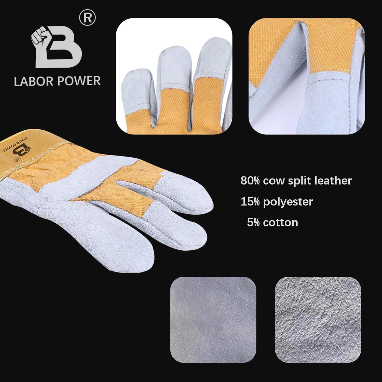 Leather Full Palm Work Gloves, Cowhide Leather Suede Finish AB Grade