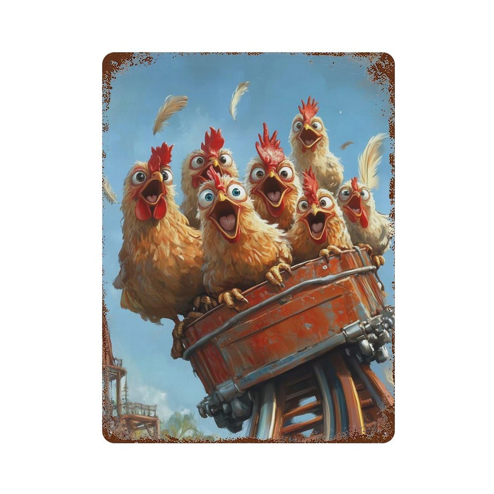 Chickens on Rollercoaster Vintage Wall Sign 15.7"x11.8", Rust Effect Metal Decor for Basement, Hobby Room And Garage Decor