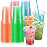 100 Pack 16 oz Colorful Plastic Cups with Lids and Heart Straws, Disposable Stemless Iced Coffee Cup for Cold Drinks Smoothie Juice for Christmas Parties, Weddings, Drink Shop Supplies
