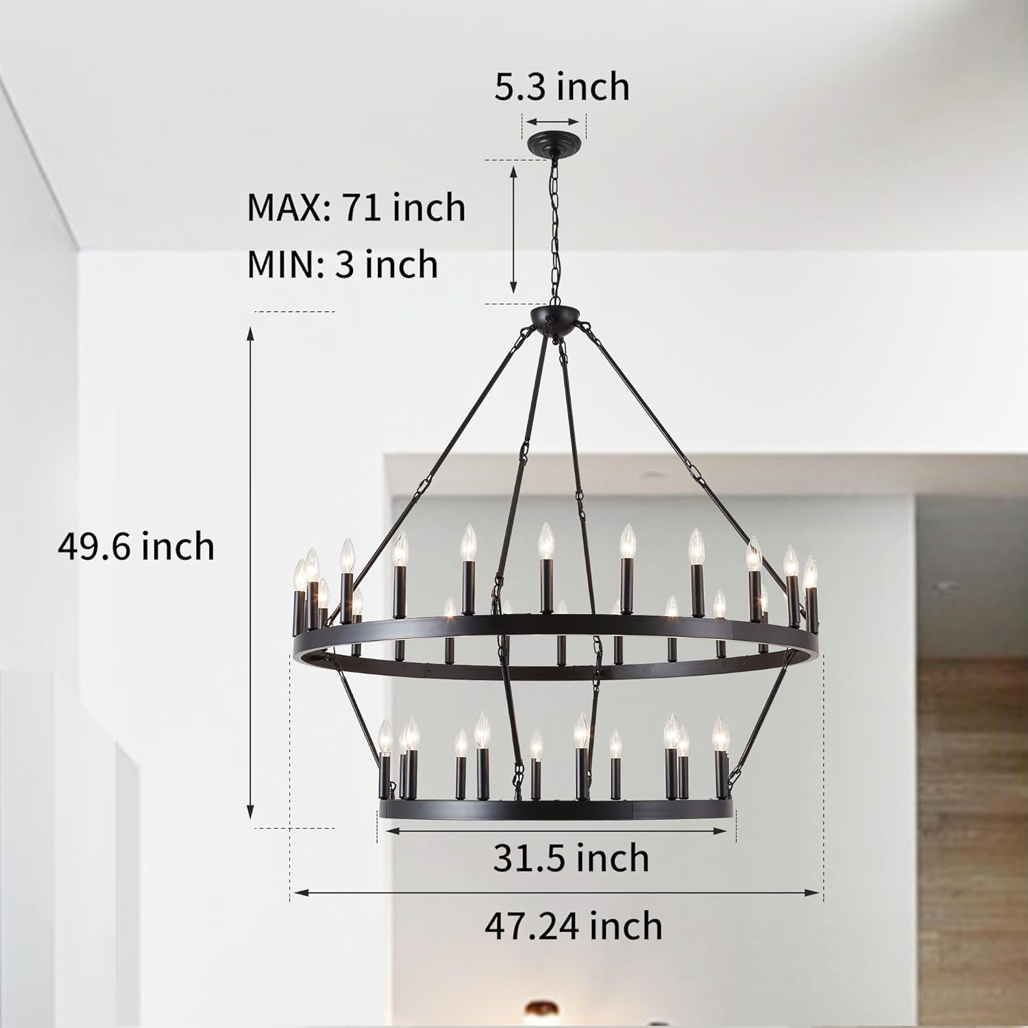 Rustic Farmhouse Black Wagon Wheel Chandelier Large Chandeliers for High Ceilings 2 Tier 36 Lights 48 Inch for Dining Room Living Room Foyer Porch Kitchen Island