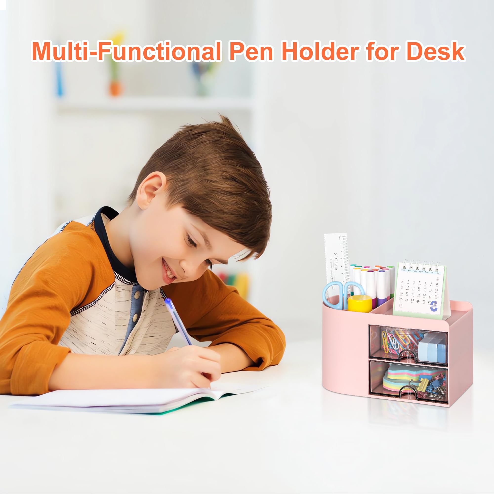TQVAI Desk Organiser with Drawers Multifunctional Pen Holder for desk 3 Compartments 2 Drawer Dividers for Office School and Home, Pink - Image 4