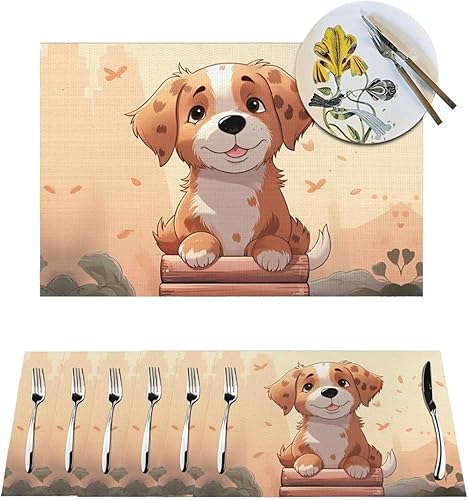 6 PCS PVC Placemats Set Place Mats Cartoon Dog Non-Slip Weave Place Mats 12" x 18" Farmhouse Durable Table Mat Set for Family Dinners Wedding Parties