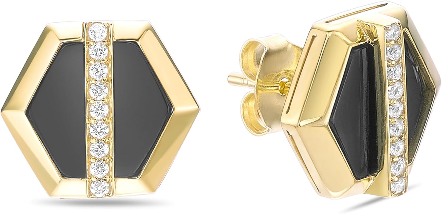 Lavari Jewelers Hexagon Shape Stud Earrings for Women with Black Onyx Malachite or Mother of Pearl and Created White Sapphire - 14k Yellow Gold Plated 925 Sterling Silver Earrings - Push Back Studs - Image 4