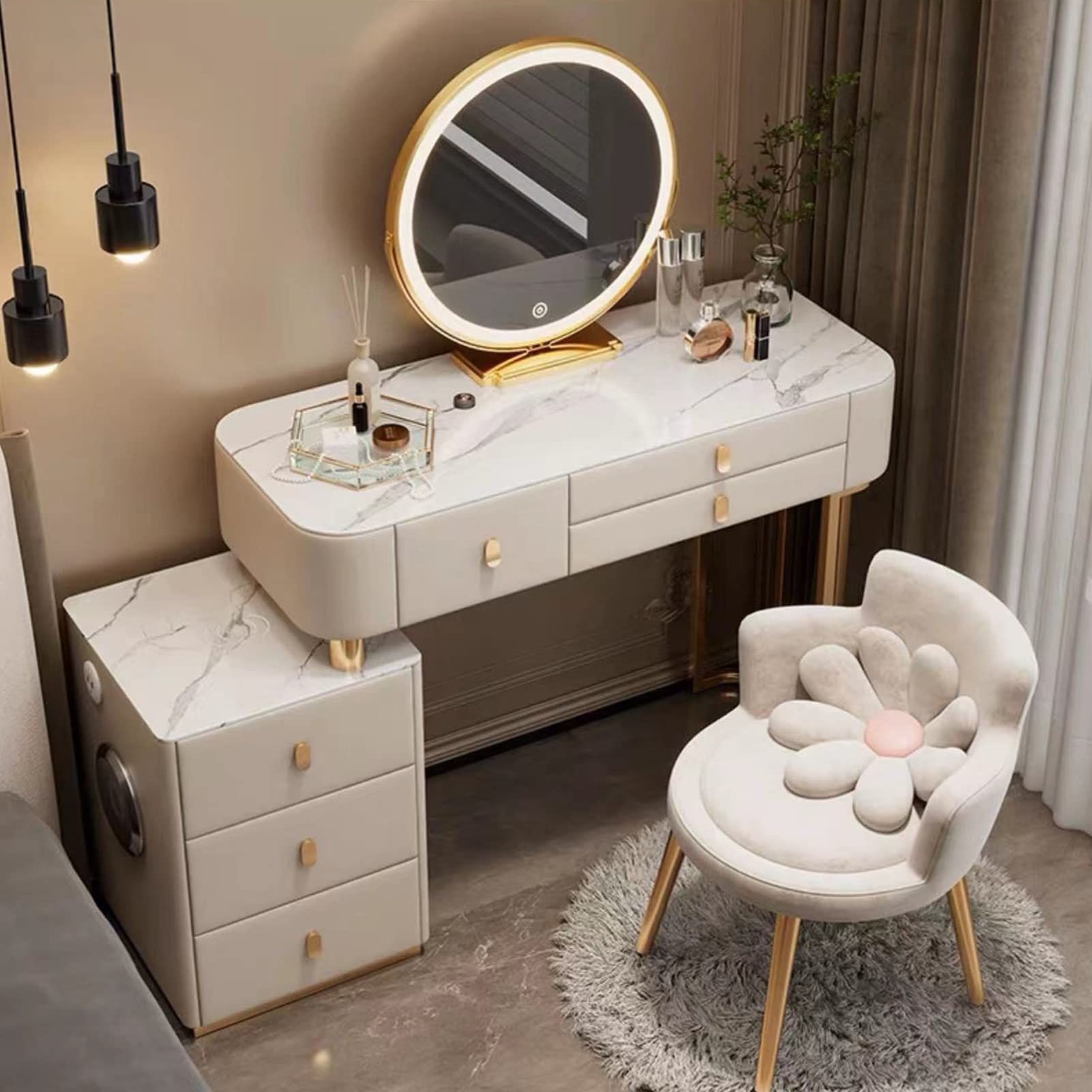 asdchZen Beige Vanity Desk With Touch Led Lighted Mirror Makeup Table With 3 Color Modes 3 Drawers & Storage Cabinet Charging Station For Bedroom Nization,Beige 3-100cm/39.3in