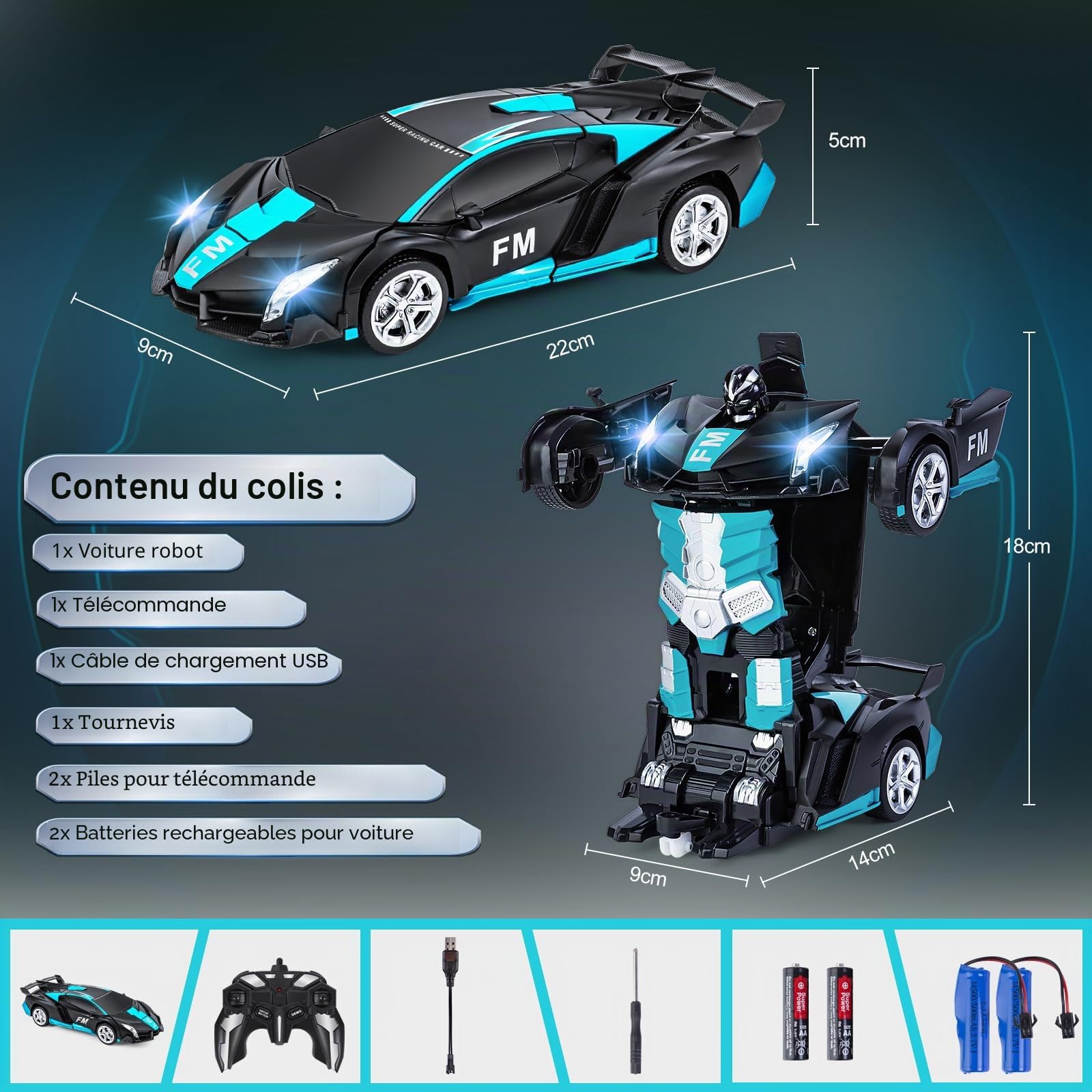 Transform Jouet, Voiture Télécommandée Robot avec Capteur Gestuel pour Garçons Filles 3 4 5 6 7 8 9 10 Ans, 2,4GHz Transformable Robot Car avec Piles, Effets Sonores et Lumineux, Bleu-Noir