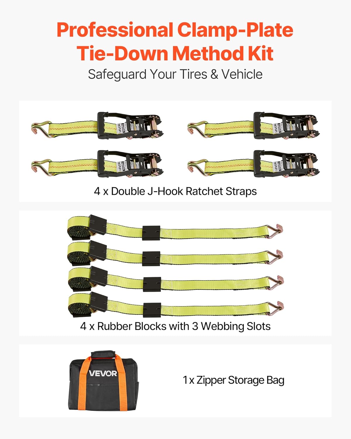 VEVOR Wheel Chock Tie-Down Kit, Deck-Style Trailer Tie Down Strap, Car Tie Down Kit with J-Hook, Break Strength 10009 lbs & Working Load 3333 lbs Motorcycle System for SUVs, Trailers, Trucks