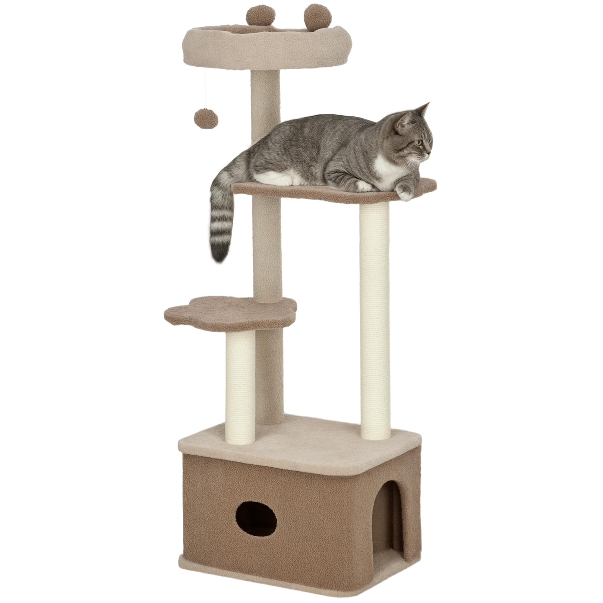 PawHut Árbol Rascador para Gatos 133 cm con Nido y Poste de Yute Café