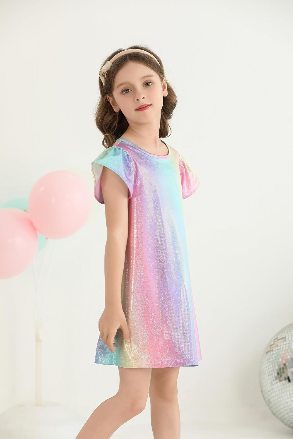 Girls Party Dress Metallic Shiny Sparkly Colorful Flutter Sleeve Swing Midi Prom Dress