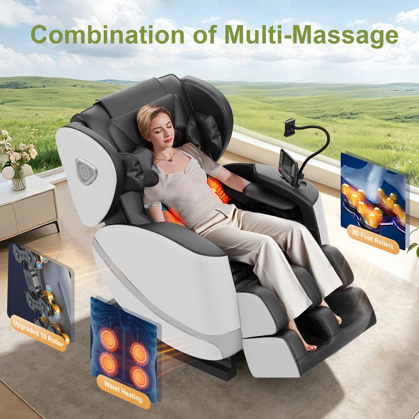 F FURNIMAT Massagesessel, Ganzkörper-Massagestuhl mit 14 Rollen, 8 Komfort-Luftkissen & Zero Gravity– Bluetooth Lautsprecher, Touchscreen, Handyhülter, Wärme für Lenden und Beine