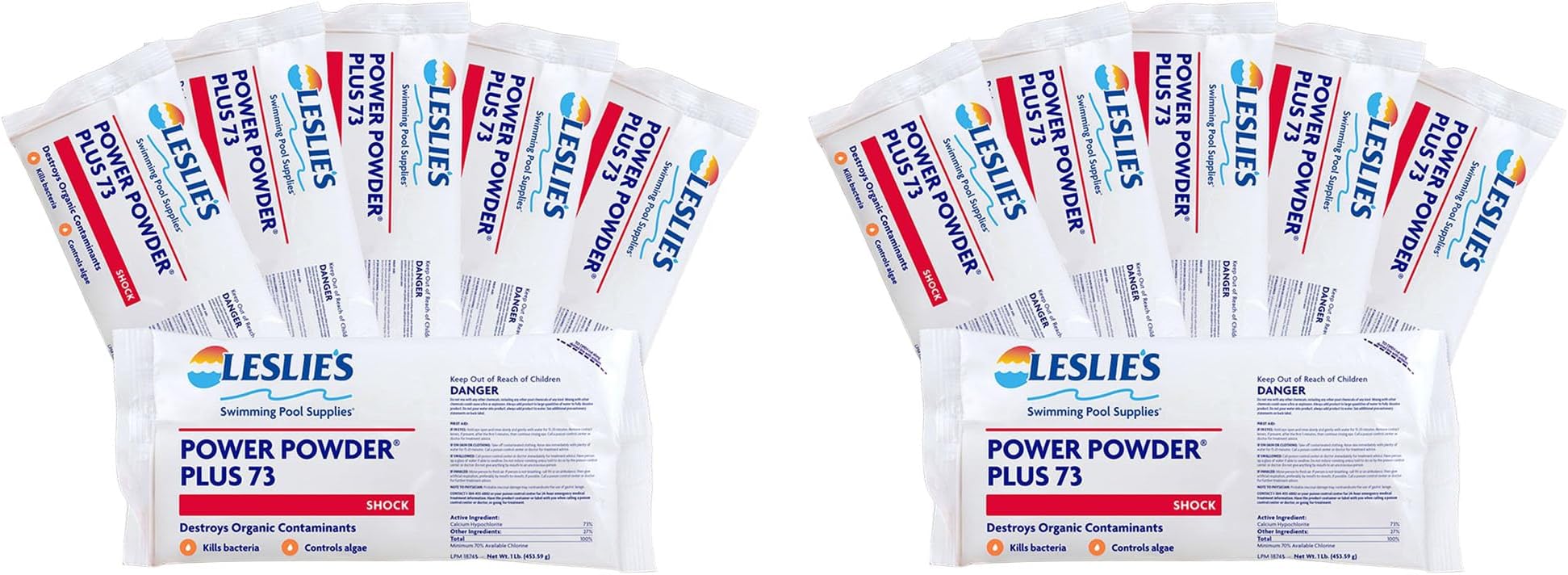 Leslie's Power Powder Plus 73-73% Calcium Hypochlorite Pool Shock, Fast-Dissolving Chlorine Granules, Eliminates Bacteria & Algae - Low Residue, Non-Stabilized, 70% Available Chlorine - 12 x 1 Pound