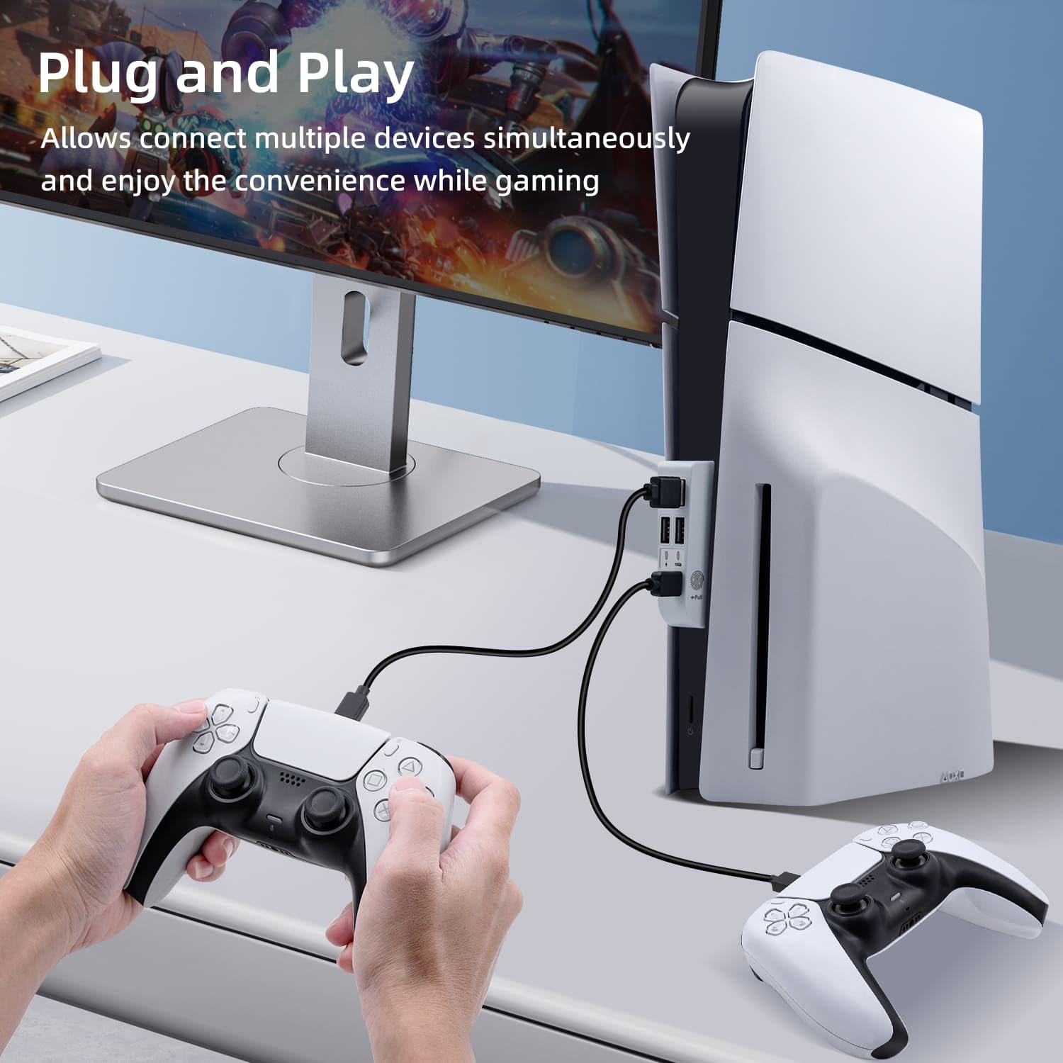 Hub USB 6 en 1 pour PS5 Slim Disc/Digital - Extension de Port USB, Adaptateur de Charge pour Manette, Type-C 3.1 + 4 USB-A 2.0 - Blanc
