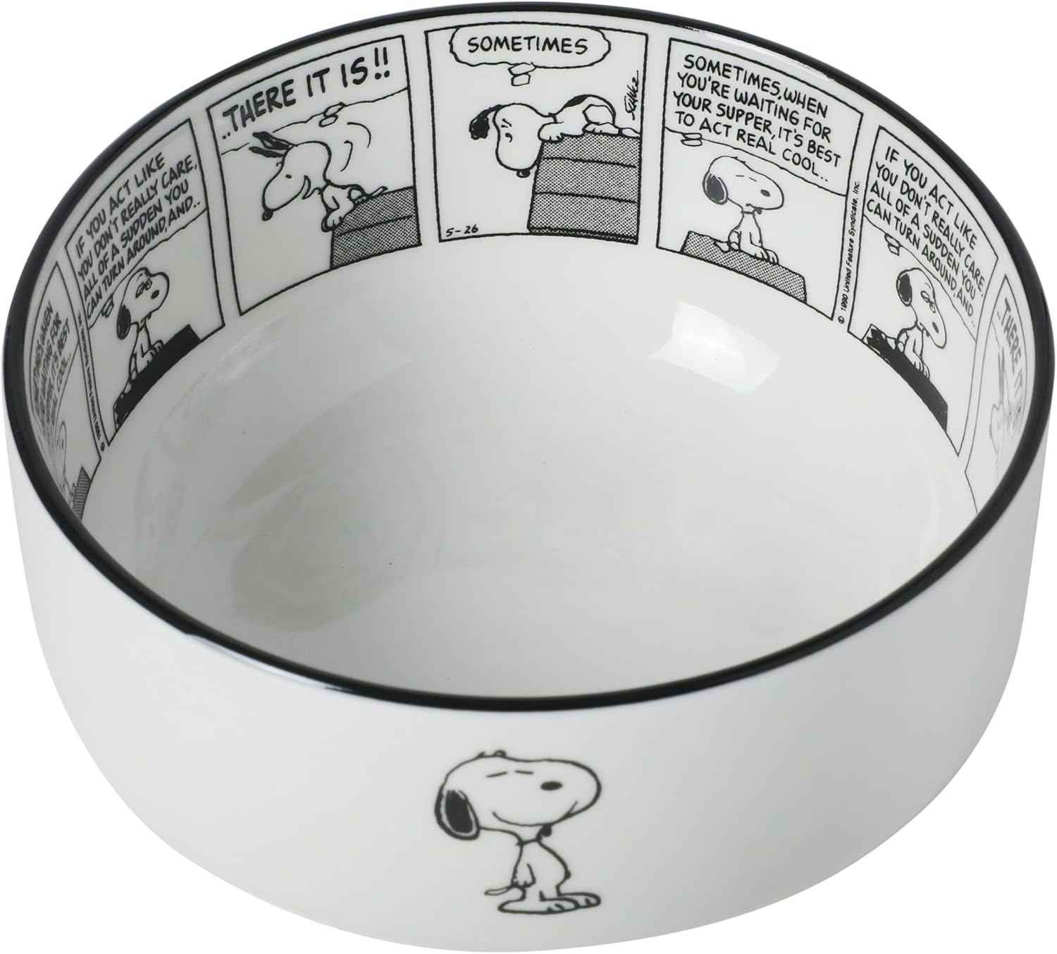 Peanuts Snoopy Cereal Bowls, Set of 4, 4.5-Inch Porcelain Snack Bowls for Ice Cream and Dessert, Sunday Comic Strip Design with Snoopy and Woodstock, Black and White