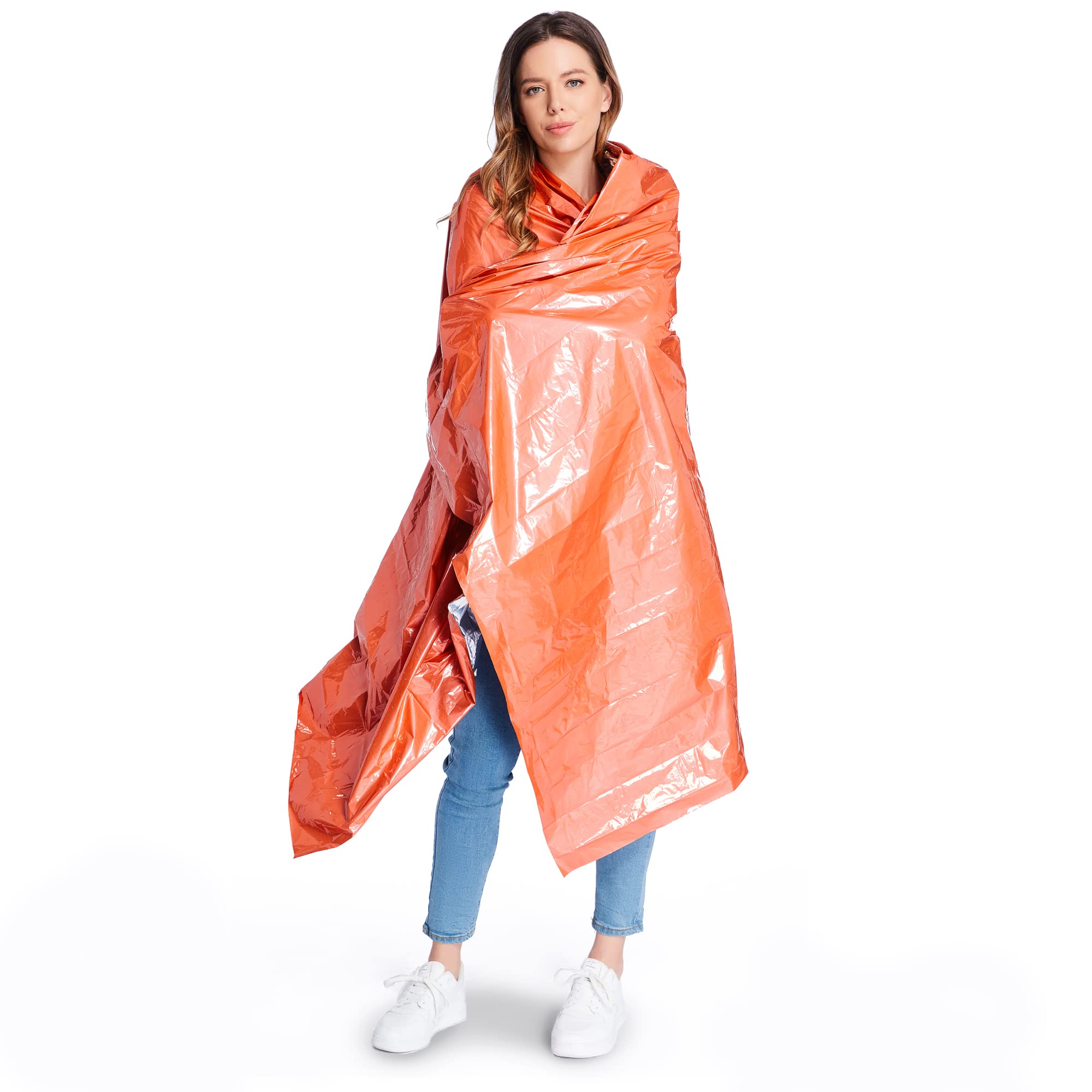 Manta térmica de emergencia de Mylar (paquete de 5) de manta espacial gigantesca de 82 x 52 pulgadas, mantas de supervivencia, equipo de campamento resistente, primeros auxilios, plateado y naranja