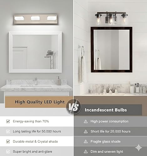 Miniatura 5 de Brushed Nickel Vanity Lights for Bathroom - 3 Light Vanity Light Fixture - Dimmable LED Wall Sconces - Daylight 5500K - Elegant Bath Light Fixtures