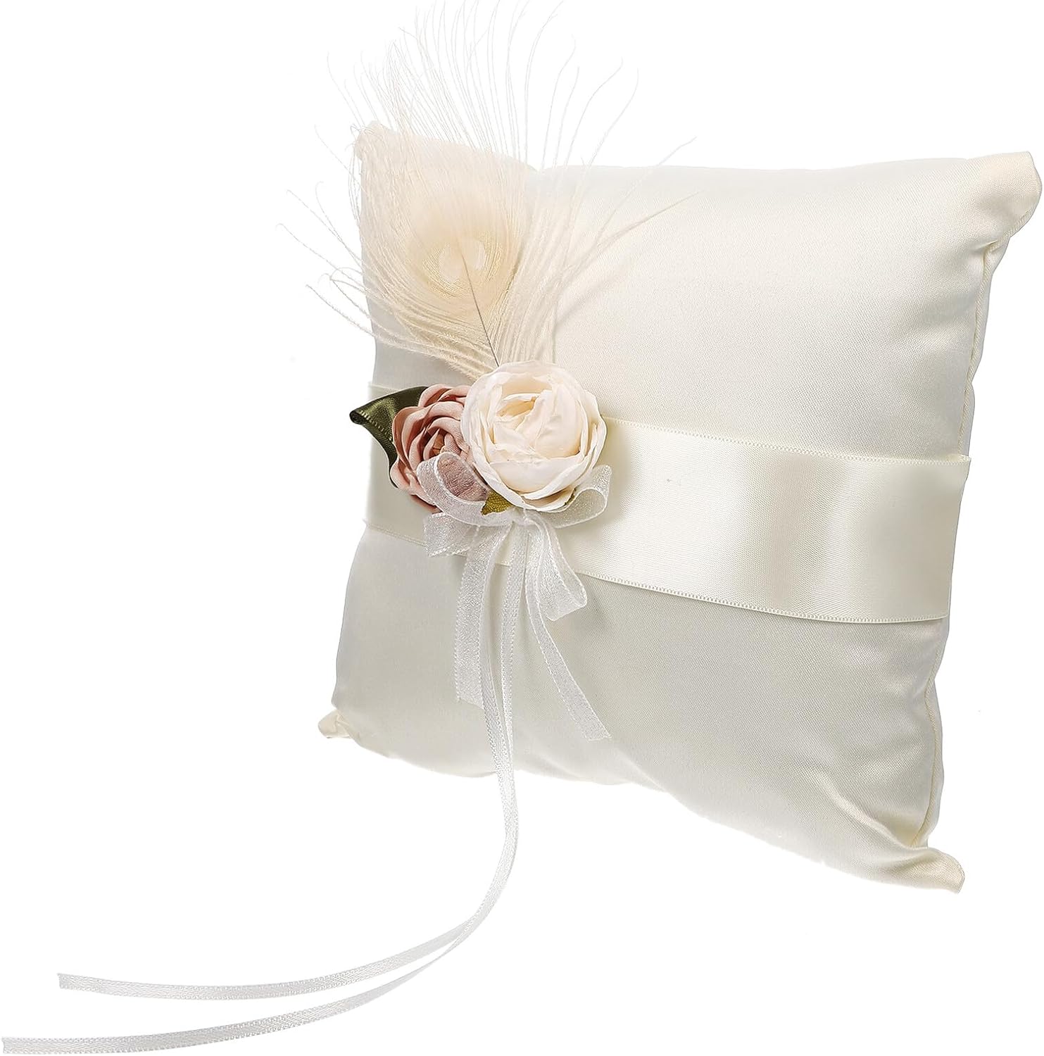 Homoyoyo Wedding Ring Pillow Satin Flower Cushion Lace Bow Ring Bearer Pillow for Wedding Ceremony and Party Decoration