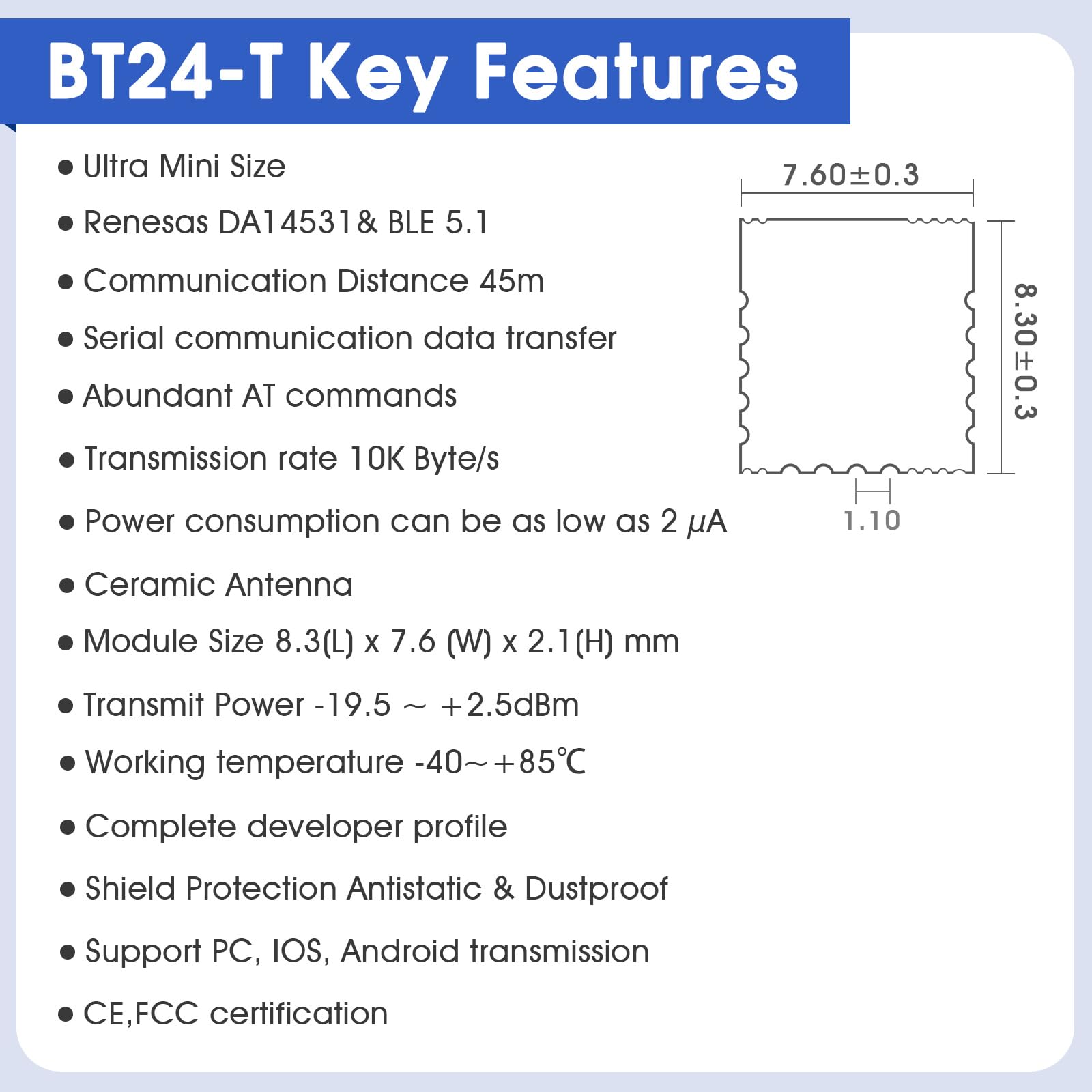 PDDAXLQUE DX-BT24-T Ultra Small Size Long Range 45m 10K Bytes/s Bluetooth Module 3.3V Powerful Multiple uses DA14531 BLE 5.1 Bluetooth Module (DX-BT24-T)