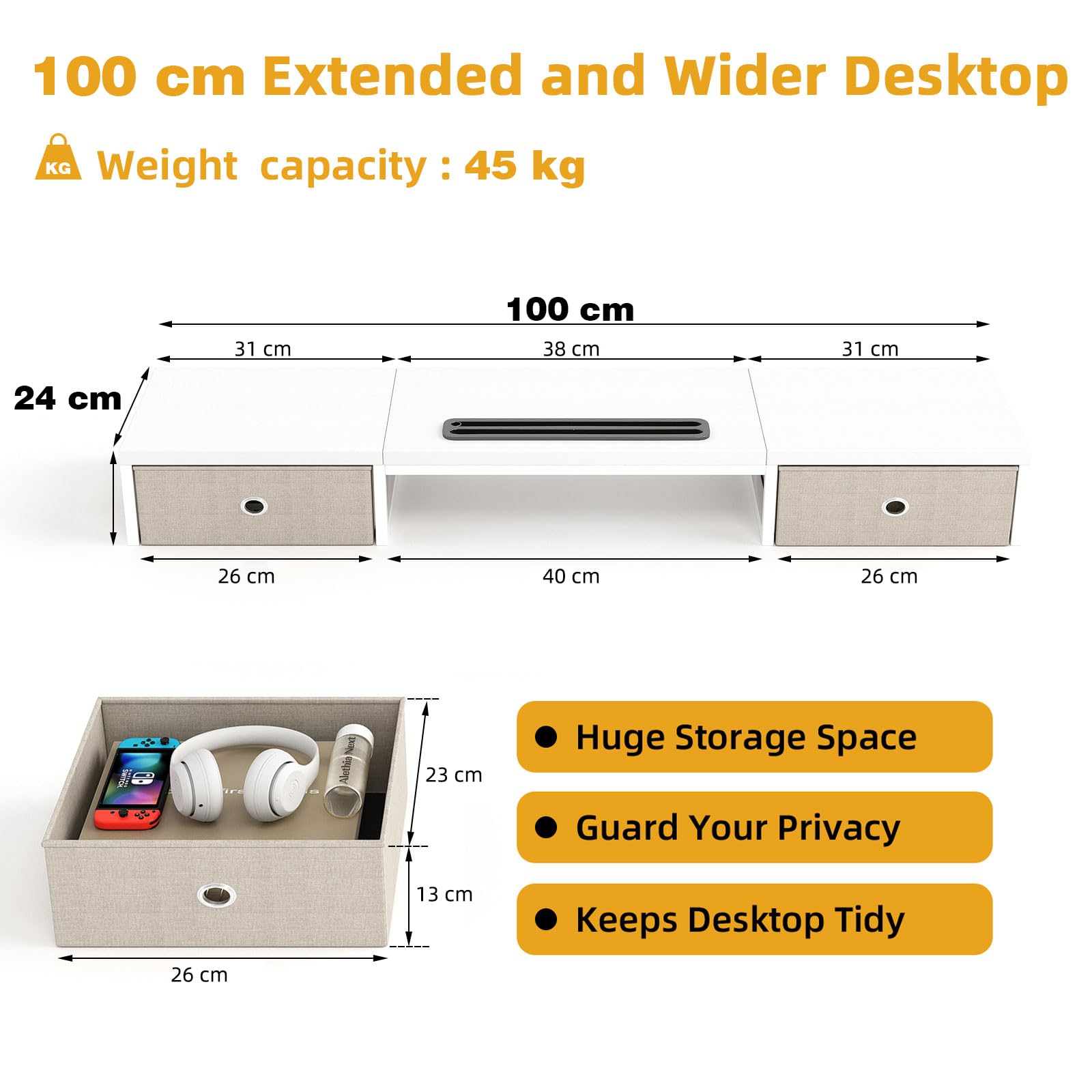 Dual Monitor Stand Riser mit 2 Schubladen - 100CM große Lagerung Computer Monitorständer für 2 Monitore, hölzerne Desktop Organizer perfekt für Home-Office-Schreibtisch, Computer, Laptop, TV, Weiß