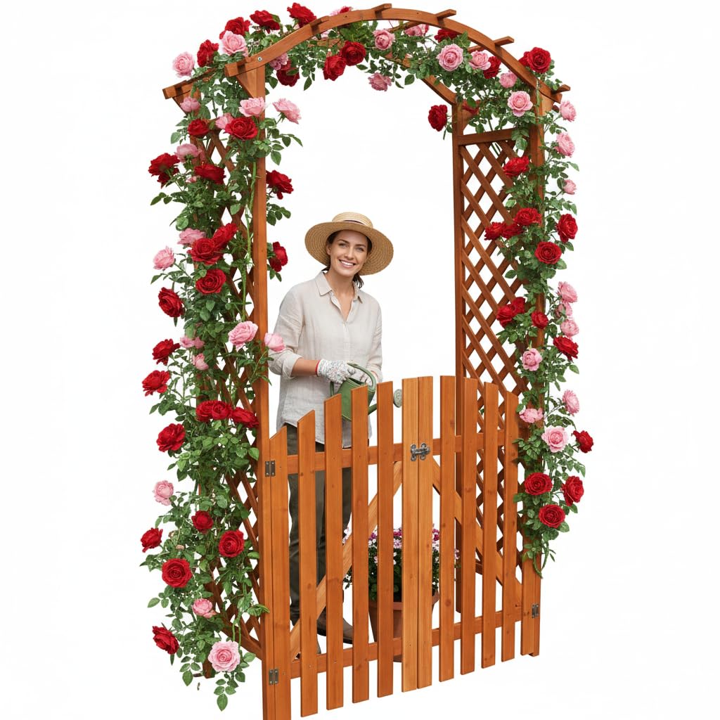 Melko Rosenbogen aus Holz Braun Rankgitter Laubengang Torbogen mit Tor Halbbogen Spalier Rankhilfe für Kletterpflanzen Gartenbogen Pergola
