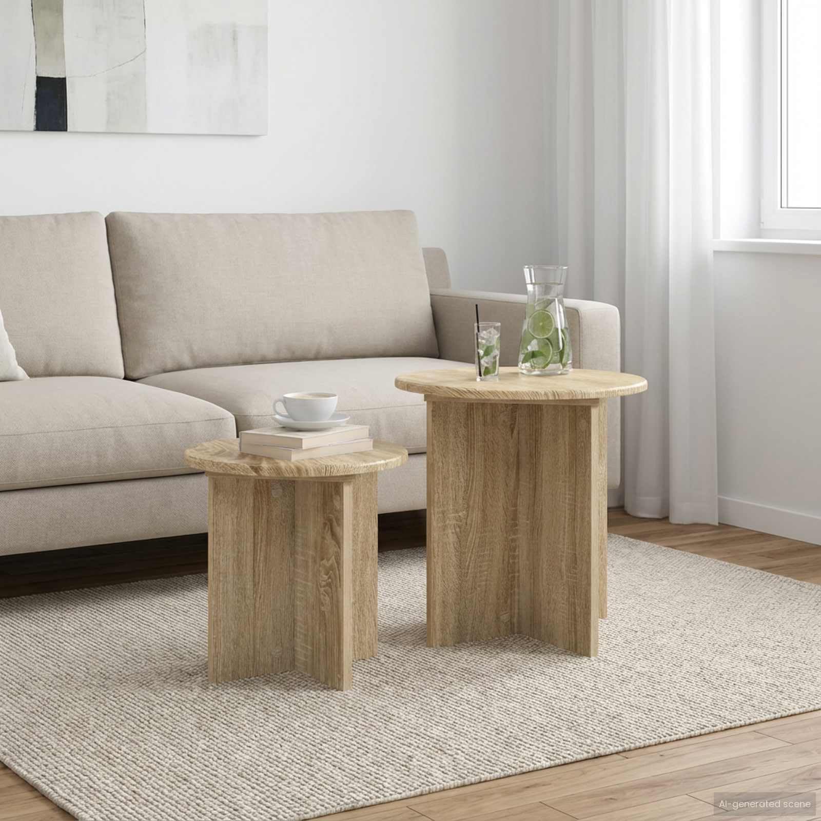 Juego de mesas auxiliares con espacio de almacenamiento, 2 unidades, roble Sonoma, material de madera de roble para salón, dormitorio, pasillo y balcón, ahorro de espacio, versátil