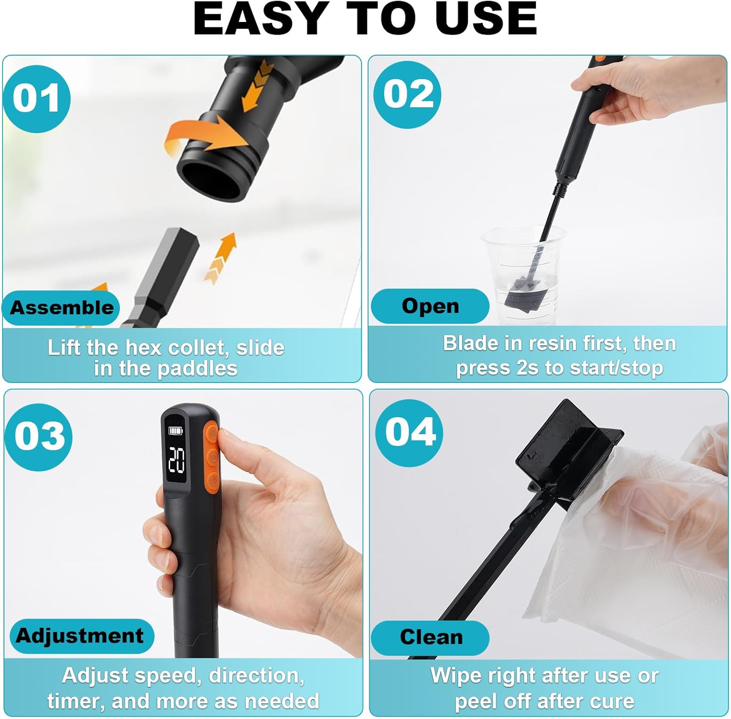 Keway Resin Mixer, 3 Speeds Epoxy Resin Supplies Electric - Smart Timer Mode Free Your Hands ＆ Minimize Bubbles, Epoxy Resin Mixing Tools with 4 Paddles for DIY Crafts, Jewelry Making, Paint, Silicone
