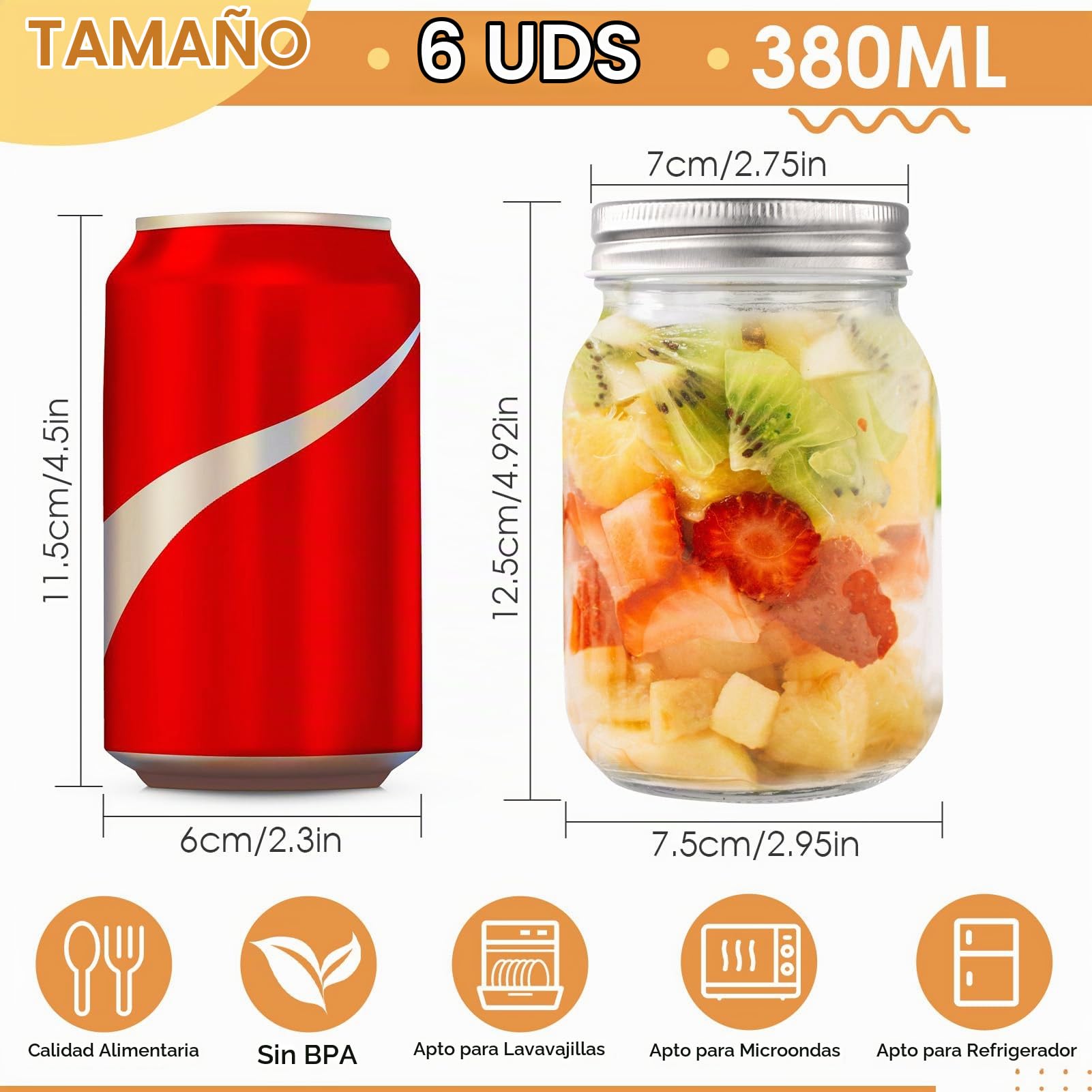 FoiiLiio Pack de 6 Tarros de vidrio con tapa 380ML,Tarros de Cristal Herméticos,Tarros de conservas,Mason Jar Frascos De Vidrio Con Tapa,Tarros De Cristal Con Tapa para Avena,especias,mermelada
