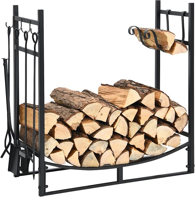 COSTWAY Fireplace Log Rack with 4 Tools, Iron Fireside Companion Set Firewood Holders with Tong, Brush, Shovel and Poker, Indoor Outdoor Wood Lumber Storage Stacking
