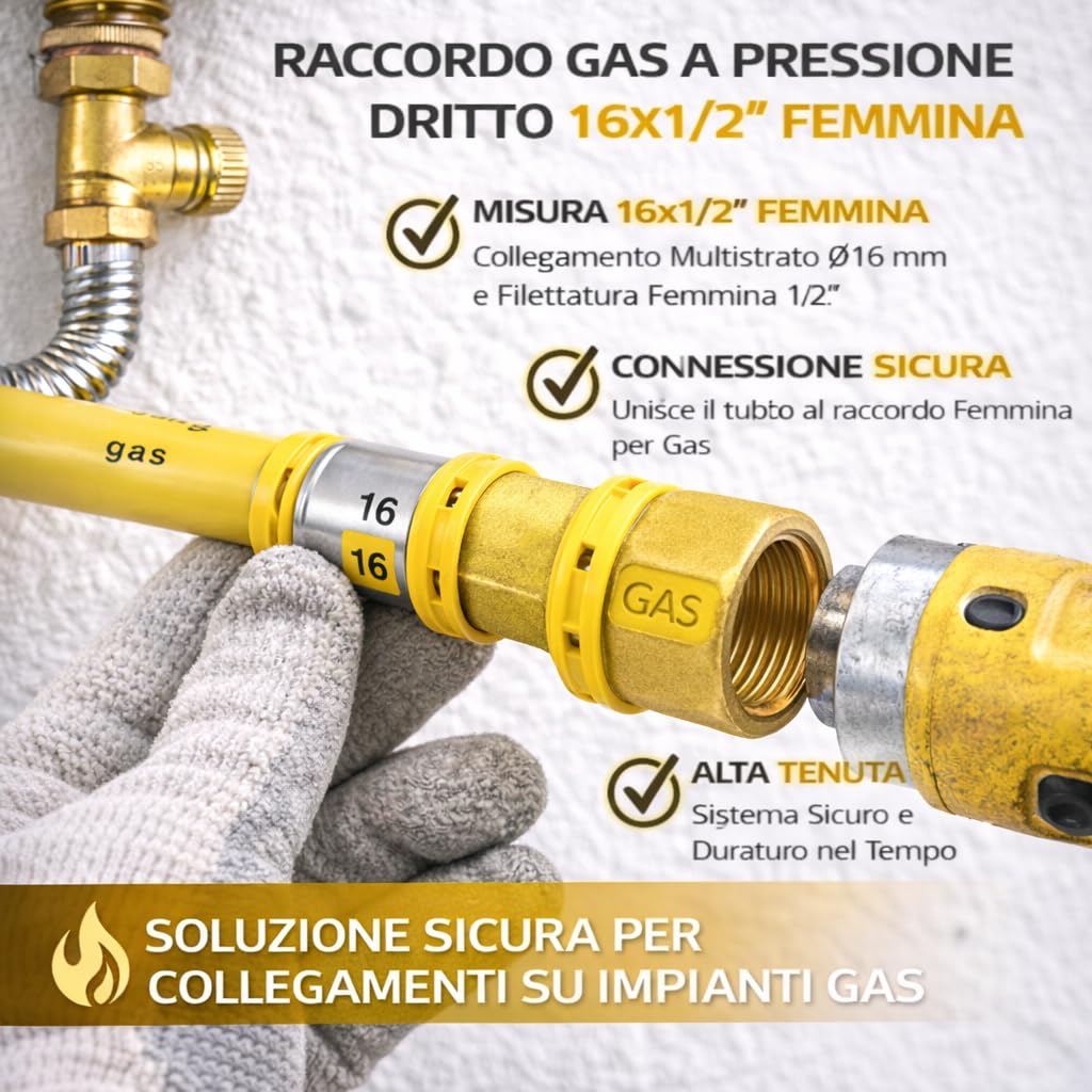 Empalme de gas a presión recto 16 x 1/2" hembra para tubo multicapa Ø16 mm Conexión roscada F alta estanqueidad instalación rápida LEMAG SRL