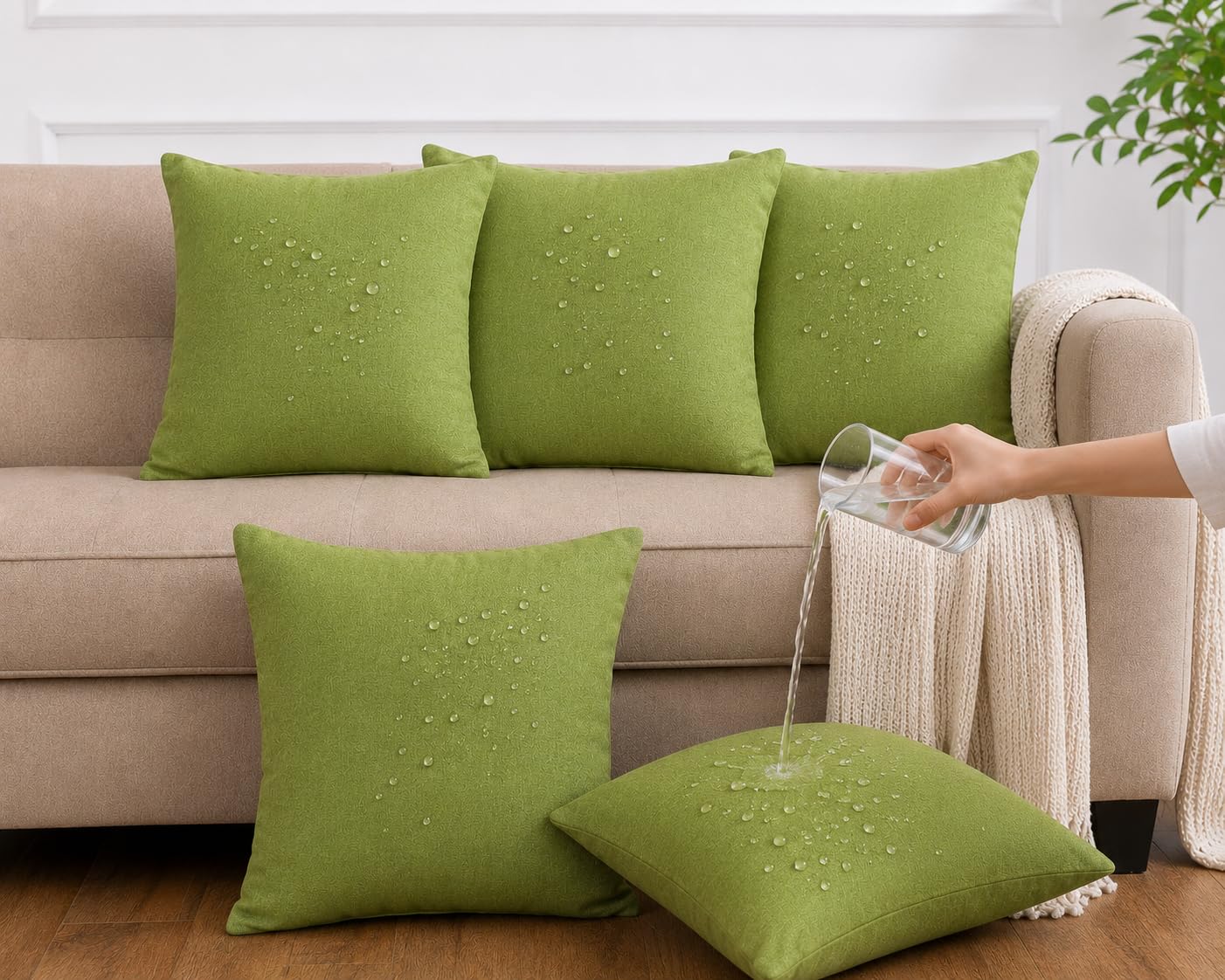 Waterproof Micro Fabric Cushion Cover Set of 5, Olive Green, 16x16 Inch | Decorative chusion cover-image-13