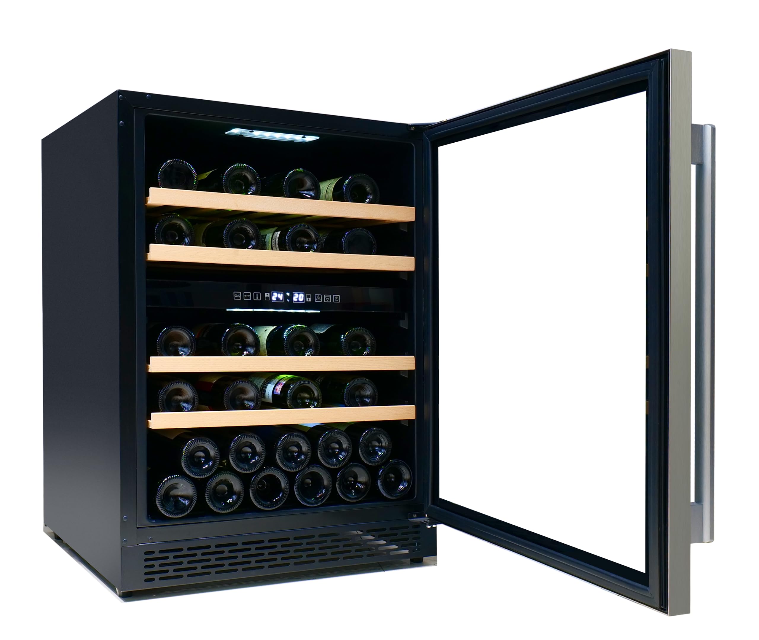 Carysil 49-Bottle Wine Chiller, Free Standing, Dual Cooling Zone (3°C-12°C White Wine & 12°C-20°C Red Wine), Adjustable Wooden Shelves with Toughened Glass Door, LED Display, Ideal for Home - Image 5 thumbnail