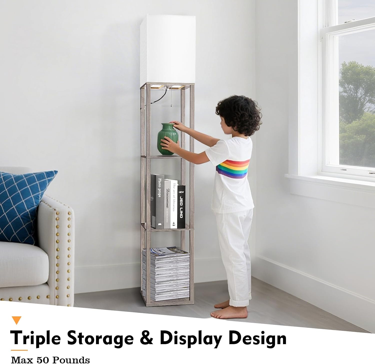 Condition photo showing New/Like New for runtop floor lamp with shelves, shelf lamp with 3 color temperature led bulb,lamps for living room, standing lamp modern tall standing light display shelf floor lamps for bedroom, office home decor oak grey