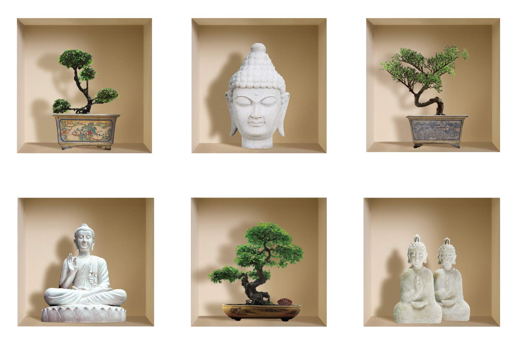THE NISHA 6 PC Pack Art Magic Pictures Peel and Stick 3D Vinyl Removable Wall Sticker Decals DIY Sticky Backsplash, Bonsai and Buddha 922-1006-6