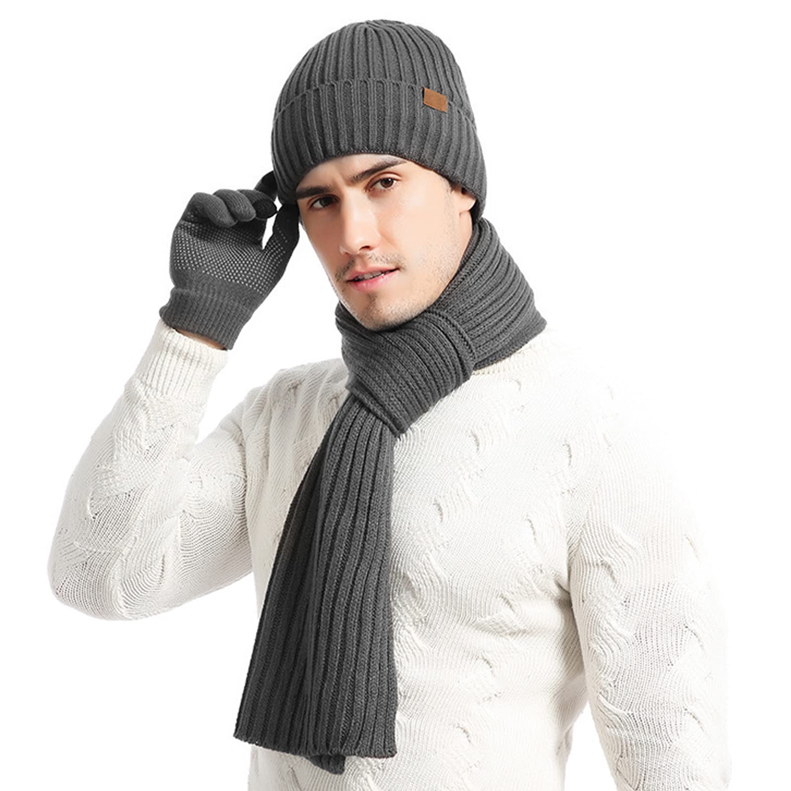 TAGVO d'hiver Bonnet écharpe Gants 3 en 1,Tricotés Echarpe, Gants et bonnet homme Hiver, Molleton Doux Chaleureux Doublure Extensible Bonnet Echarpe Gants d'écran Tactile pour Homme et Femmes Sports
