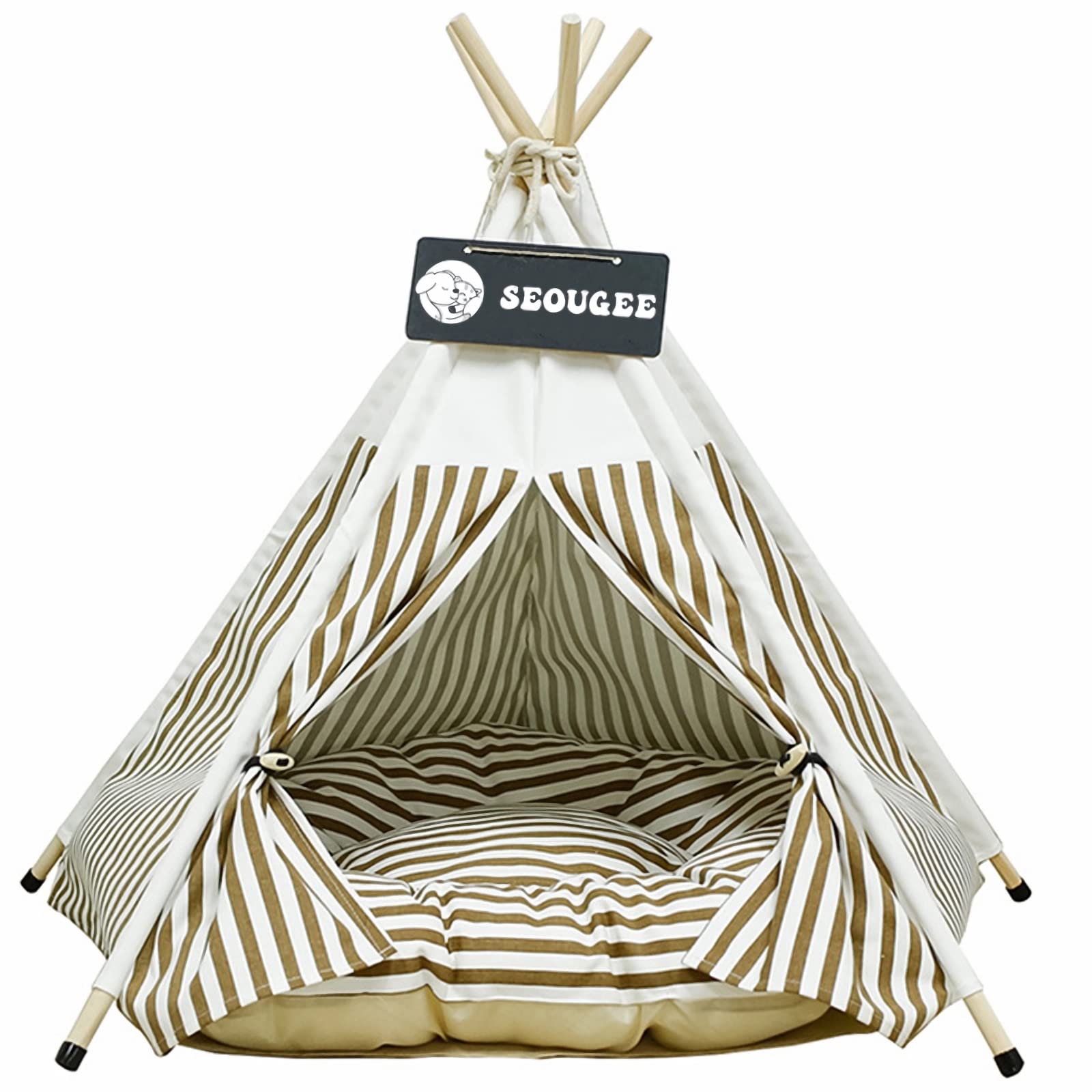 SEOUGEE Pets Teepee Tent for Dogs and Cats Washable and Removable Cotton Canvas Dog Bed and Cat House with Cushion Indoor and Outdoor Pet Kennel and Play House Portable and Stylish Tipi Design