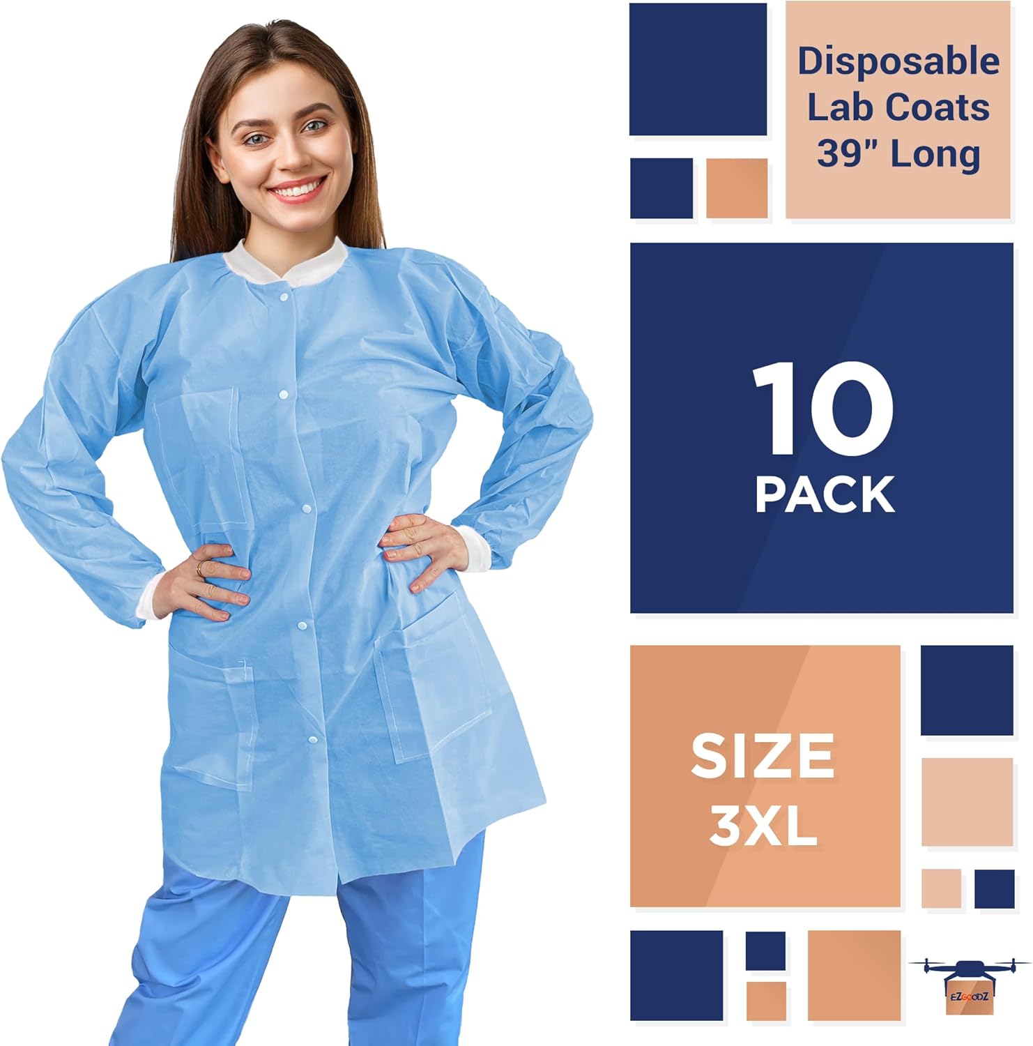 EZGOODZ Disposable Lab Coats for Adults, SMS Disposable Smocks 40 GSM with Front Snaps, Knit Cuffs, Collar, 3 Pockets