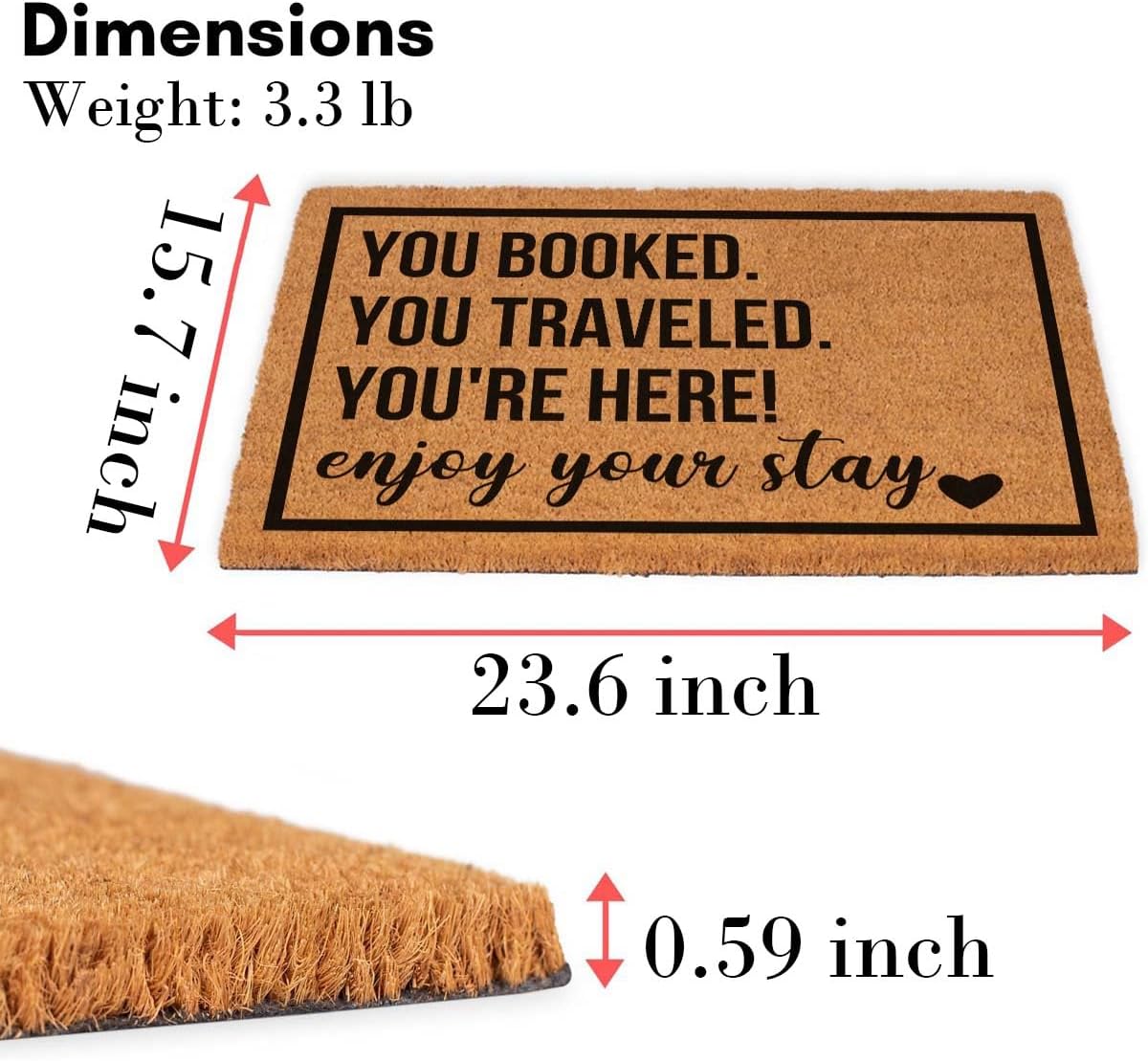 Funny Coir Doormat 23.6 x 15.7 inch Personalized House Warming Gift Mat for Outside Entrance Front Porch Patio Door Non-Slip Decor (You Booked Traveled You're here Enjoy Your Stay)